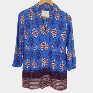 Anthro Maeve Blue Woodland Walk Aztec Blouse 2